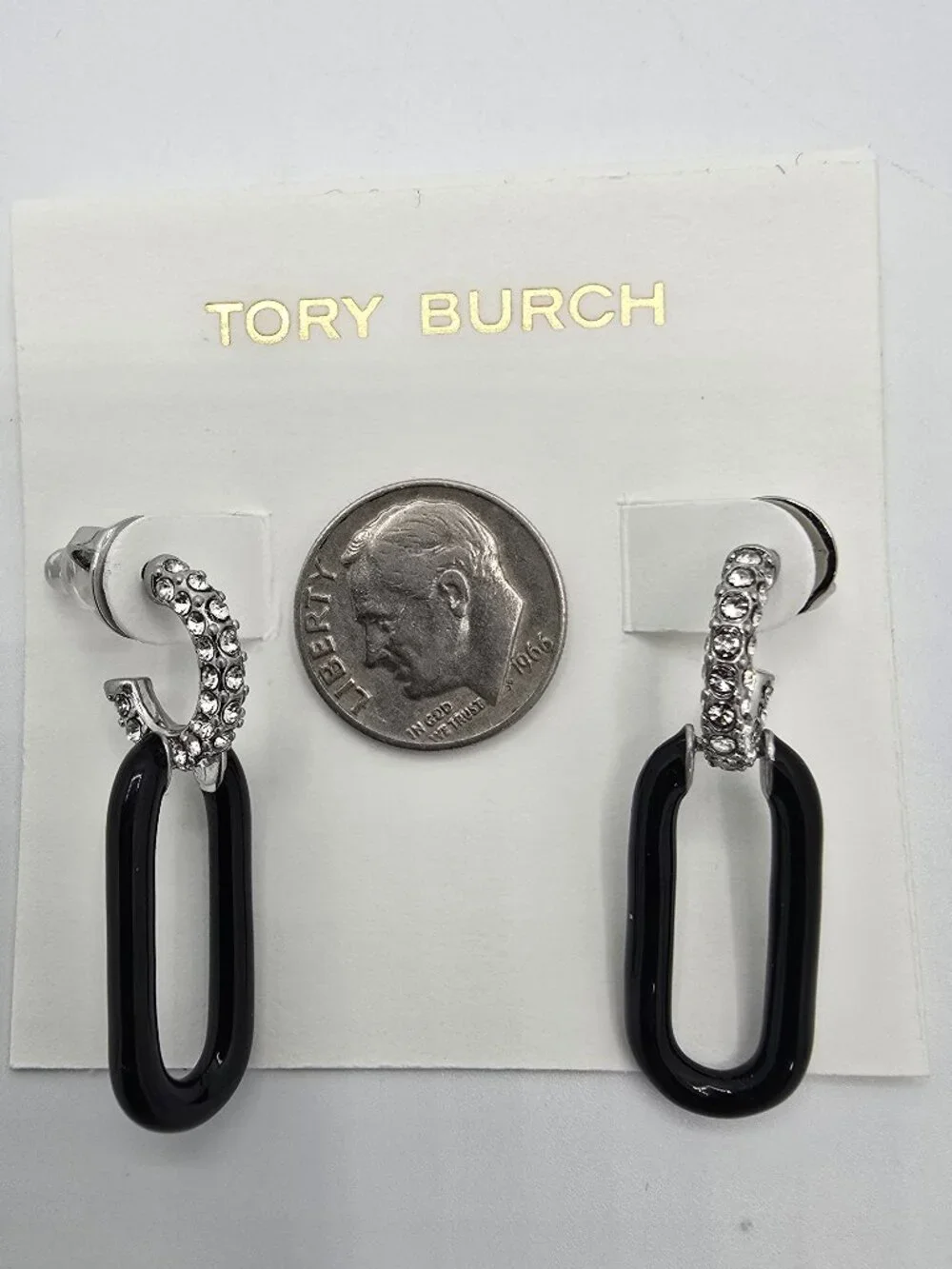 Tory Burch Roxanne Black Chain Shaped Link Stud Earrings w/Pave Crystal Hoops